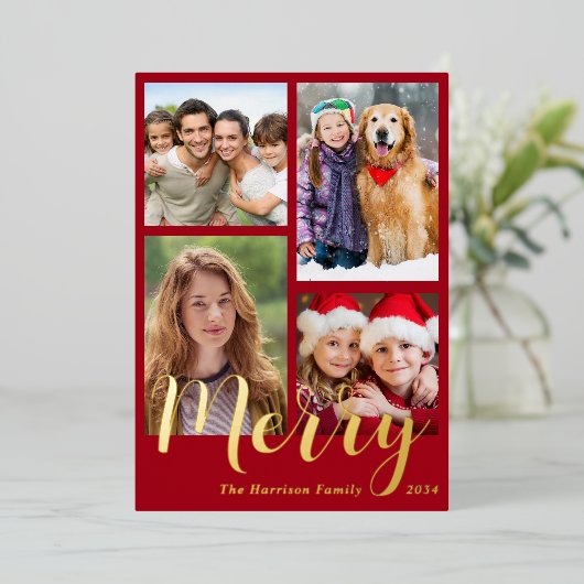 Vrory Kerstmis 4 Foto Rood Folie Feestdagenkaart (Staand Voorkant)