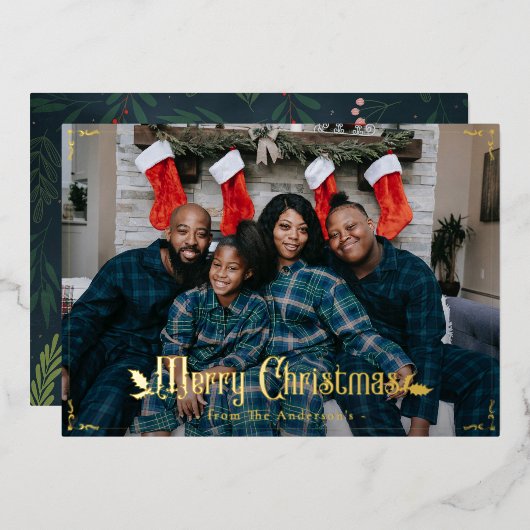 Vrory Kerstmis Holly Berry Elegant Custom Photo Folie Feestdagenkaart (Voorkant / Achterkant)