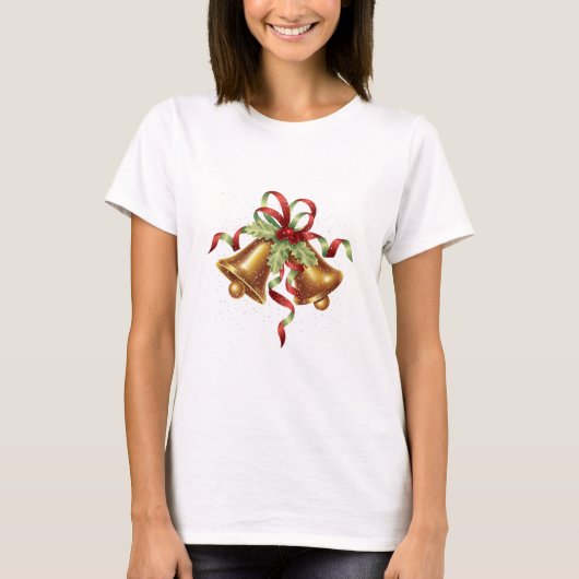 Vrory Kerstmis Holly Golden Bell Red Bow T-shirt (Voorkant)