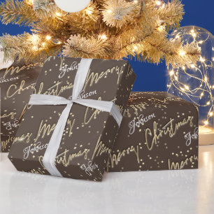 Vrory Kerstmis met gouden scriptnaam Royal Brown Cadeaupapier