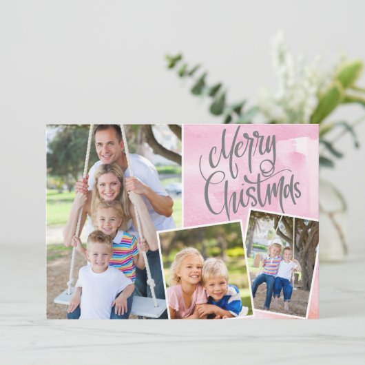 Vrory Kerstmis Modern Pink Waterverf Drie Foto (Staand voorkant)
