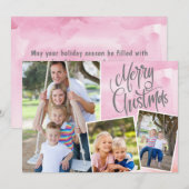 Vrory Kerstmis Modern Pink Waterverf Drie Foto (Voorkant / Achterkant)
