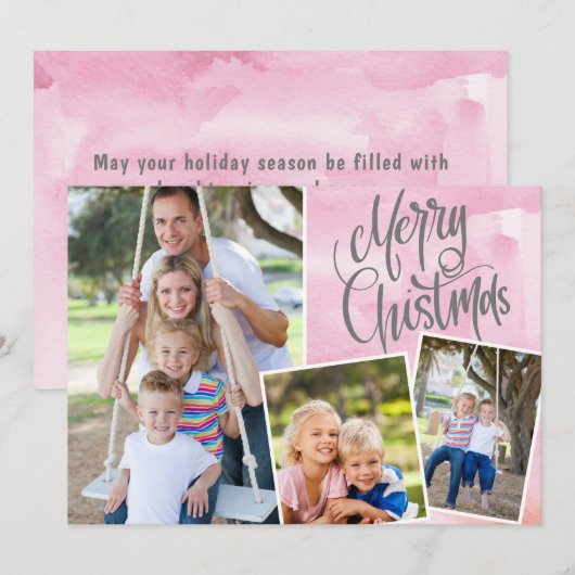 Vrory Kerstmis Modern Pink Waterverf Drie Foto (Voorkant / Achterkant)