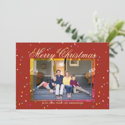 Vrory Kerstmis Modern Red Gold Cute-serie Foto Feestdagenkaart (Staand voorkant)