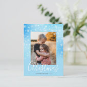 Vrory Kerstmis Modern Snowy Winter Blue Foto Feestdagenkaart (Staand voorkant)