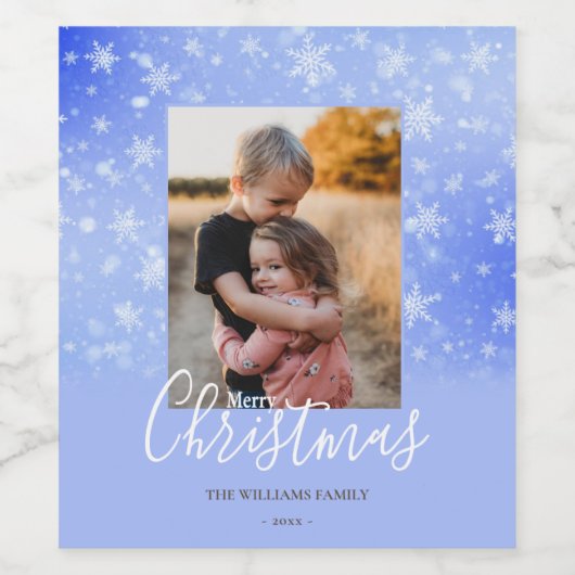Vrory Kerstmis Modern Snowy Winter Blue Foto Wijn Etiket (Enkel label)