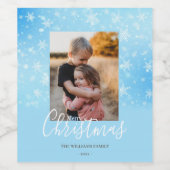 Vrory Kerstmis Modern Snowy Winter Blue Foto Wijn Etiket (Enkel label)