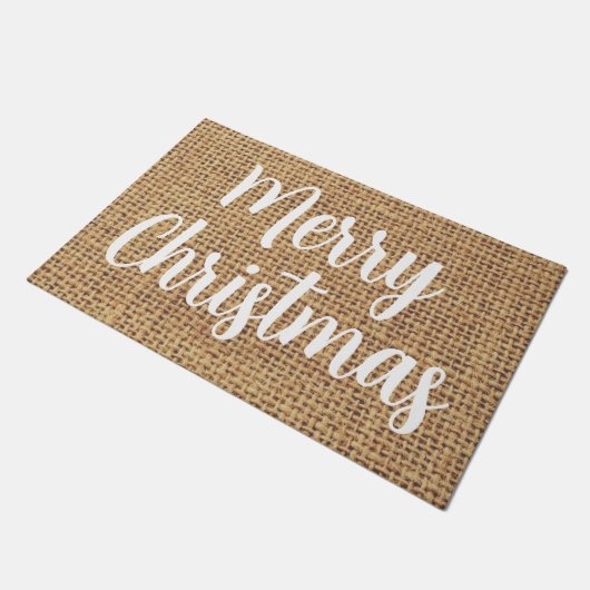 Vrory Kerstmis, modern wit script, coole burlap Deurmat (Schuin)