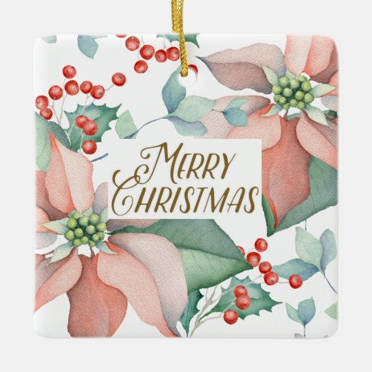 Vrory Kerstmis Poinsettia Holly Waterverf Floral Keramisch Ornament (Voorkant)