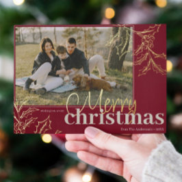 Vrory kerstrode Holly Berry Gold Aangepaste foto Folie Feestdagenkaart