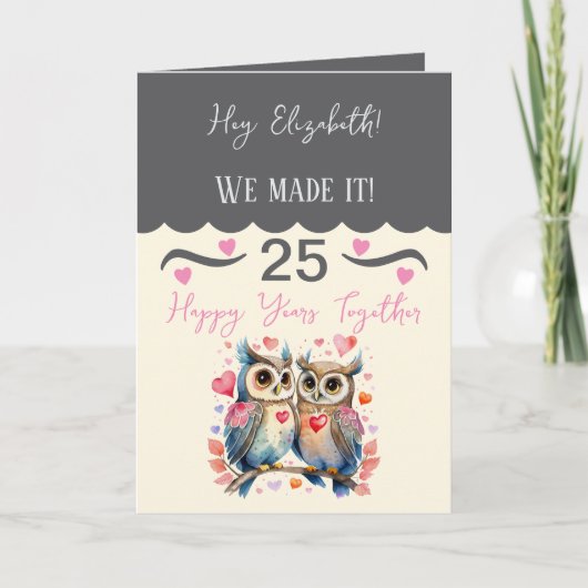 Vrouw 25-jarig jubileum uilen grijs roze kaart (Voorkant)