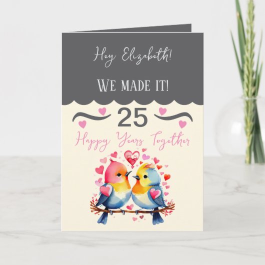 Vrouw 25-jarig jubileum vogels grijs roze kaart (Voorkant)