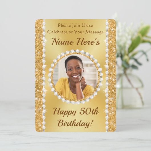 Vrouw 50e Verjaardag Uitnodigingen voor haar, FOTO (Staand voorkant)