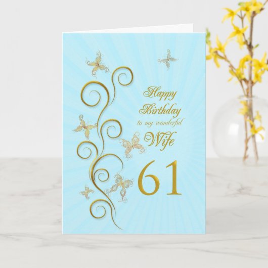 Vrouw 61ste verjaardag met gouden vlinders kaart (Gele Bloem)