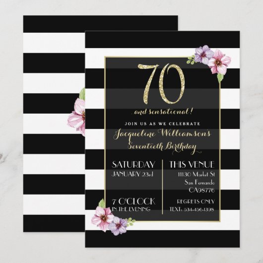 Vrouw 70 & sensationeel | Floral Stripe B&W Kaart (Voorkant / Achterkant)