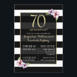 Vrouw 70 & sensationeel | Floral Stripe B&W Kaart<br><div class="desc">Vrouw 70 & sensationeel | Floral Stripe van Europese Design | Deze moderne, stijlvolle sjabloon heeft een horizontale zwarte en witte gestreepte achtergrond. Er is een rechthoekige bekleding die bijna ondoorzichtig is maar een lichte transparantie heeft om de achtergrond aan filter door toe te staan. De bekleding heeft een gouden...</div>