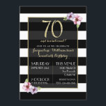 Vrouw 70 & sensationeel | Floral Stripe B&W Kaart<br><div class="desc">Vrouw 70 & sensationeel | Floral Stripe van Europese Design | Deze moderne, stijlvolle sjabloon heeft een horizontale zwarte en witte gestreepte achtergrond. Er is een rechthoekige bekleding die bijna ondoorzichtig is maar een lichte transparantie heeft om de achtergrond aan filter door toe te staan. De bekleding heeft een gouden...</div>