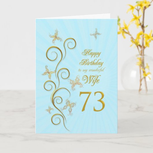 Vrouw 73ste verjaardag met gouden vlinders kaart (Gele Bloem)