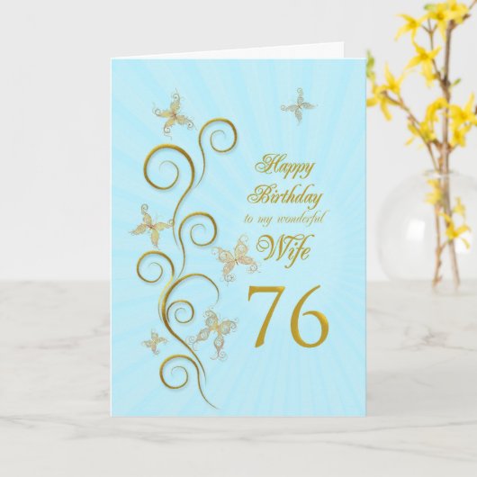Vrouw 76ste verjaardag met gouden vlinders kaart (Gele Bloem)