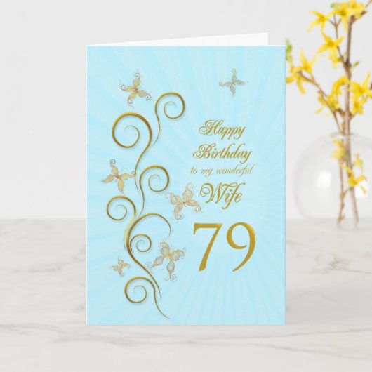 Vrouw 79ste verjaardag met gouden vlinders kaart (Gele Bloem)