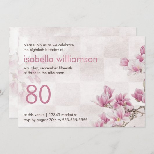 Vrouw 80e verjaardag | Mauve Magnolias Kaart (Voorkant / Achterkant)