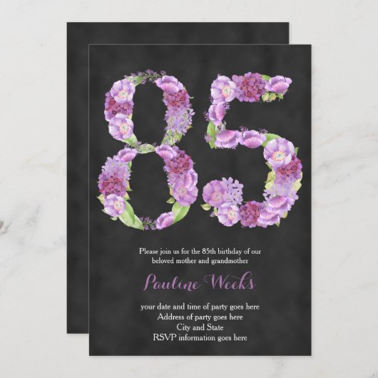 vrouw 85e verjaardag uitnodigingen , lavender nodi (Voorkant / Achterkant)