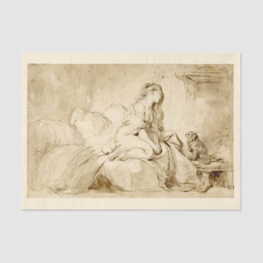 Vrouw aan bed met haar Dog Chalk Painting 1770 Tissuepapier (Voorkant)