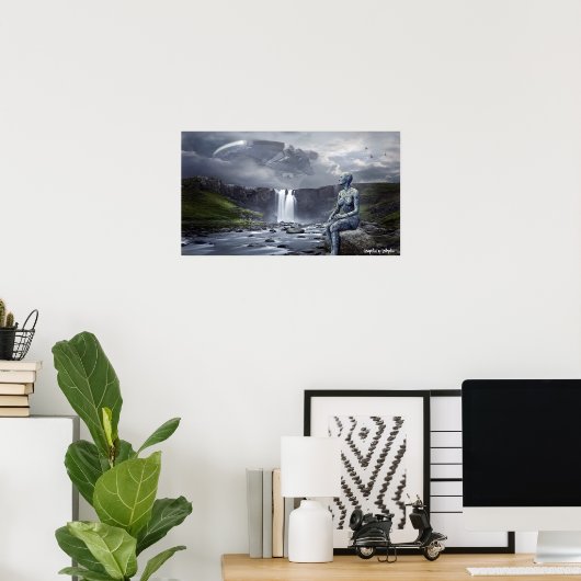Vrouw Alien en UFO-ruimteschip grafisch Poster (Thuiskantoor)