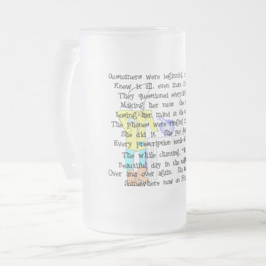 Vrouw apotheker verhaal ARt geschenken—Hilarisch Matglas Bierpul (Voorkant links)