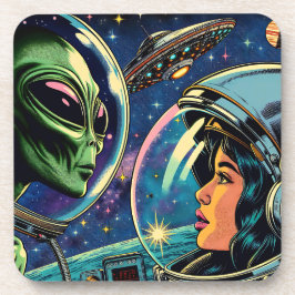 Vrouw astronaut ontmoet buitenaardse alien bier onderzetter