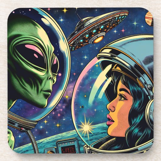 Vrouw astronaut ontmoet buitenaardse alien bier onderzetter (Voorkant)