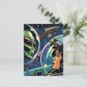 Vrouw astronaut ontmoet buitenaardse alien briefkaart (Staand voorkant)