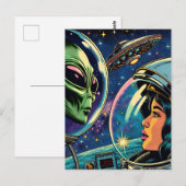Vrouw astronaut ontmoet buitenaardse alien briefkaart (Voorkant / Achterkant)