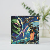 Vrouw astronaut ontmoet buitenaardse alien kaart (Staand voorkant)