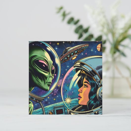 Vrouw astronaut ontmoet buitenaardse alien kaart (Staand voorkant)