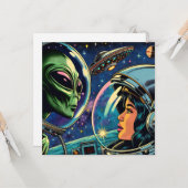 Vrouw astronaut ontmoet buitenaardse alien kaart (Voorkant / Achterkant in situ)