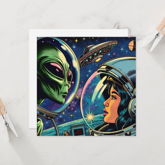 Vrouw astronaut ontmoet buitenaardse alien kaart (Voorkant / Achterkant in situ)