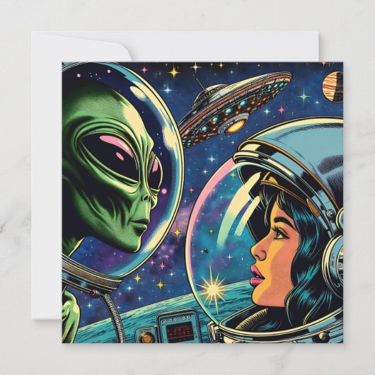 Vrouw astronaut ontmoet buitenaardse alien kaart (Voorkant)