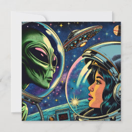 Vrouw astronaut ontmoet buitenaardse alien kaart