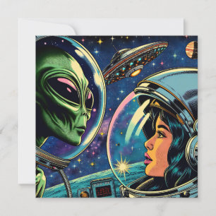 Vrouw astronaut ontmoet buitenaardse alien kaart