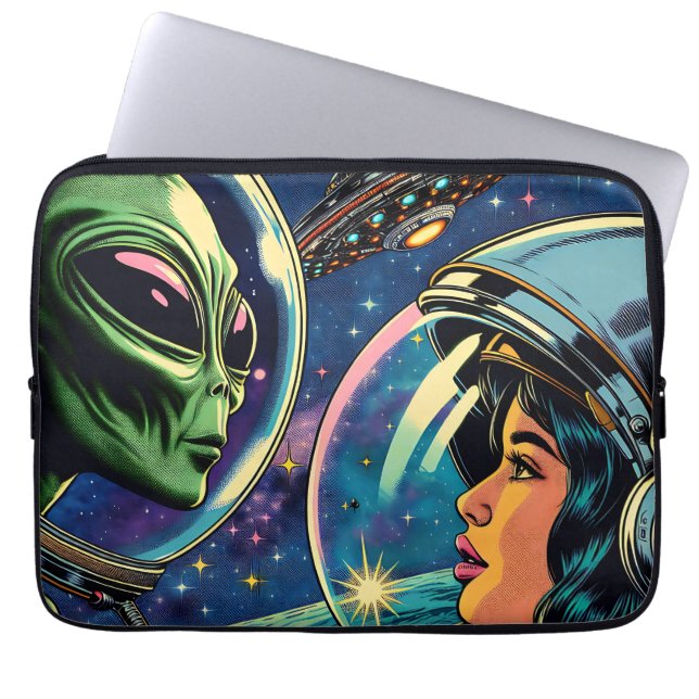 Vrouw astronaut ontmoet buitenaardse alien laptop sleeve (Voorkant)