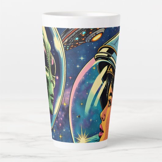 Vrouw astronaut ontmoet buitenaardse alien latte mok (Voorkant)