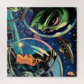 Vrouw astronaut ontmoet buitenaardse alien legpuzzel (Horizontaal)