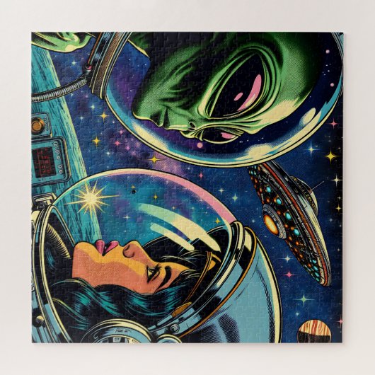 Vrouw astronaut ontmoet buitenaardse alien legpuzzel (Horizontaal)