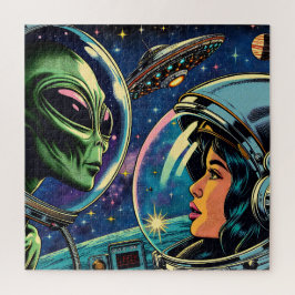 Vrouw astronaut ontmoet buitenaardse alien legpuzzel