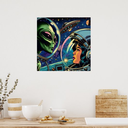 Vrouw astronaut ontmoet buitenaardse alien poster (Keuken)