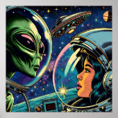 Vrouw astronaut ontmoet buitenaardse alien poster (Voorkant)