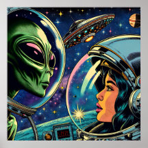 Vrouw astronaut ontmoet buitenaardse alien