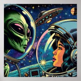 Vrouw astronaut ontmoet buitenaardse alien poster