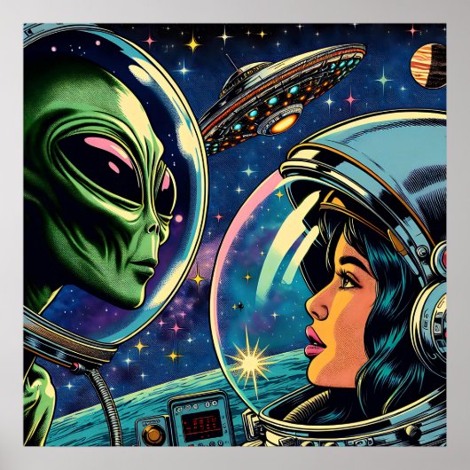 Vrouw astronaut ontmoet buitenaardse alien poster (Voorkant)